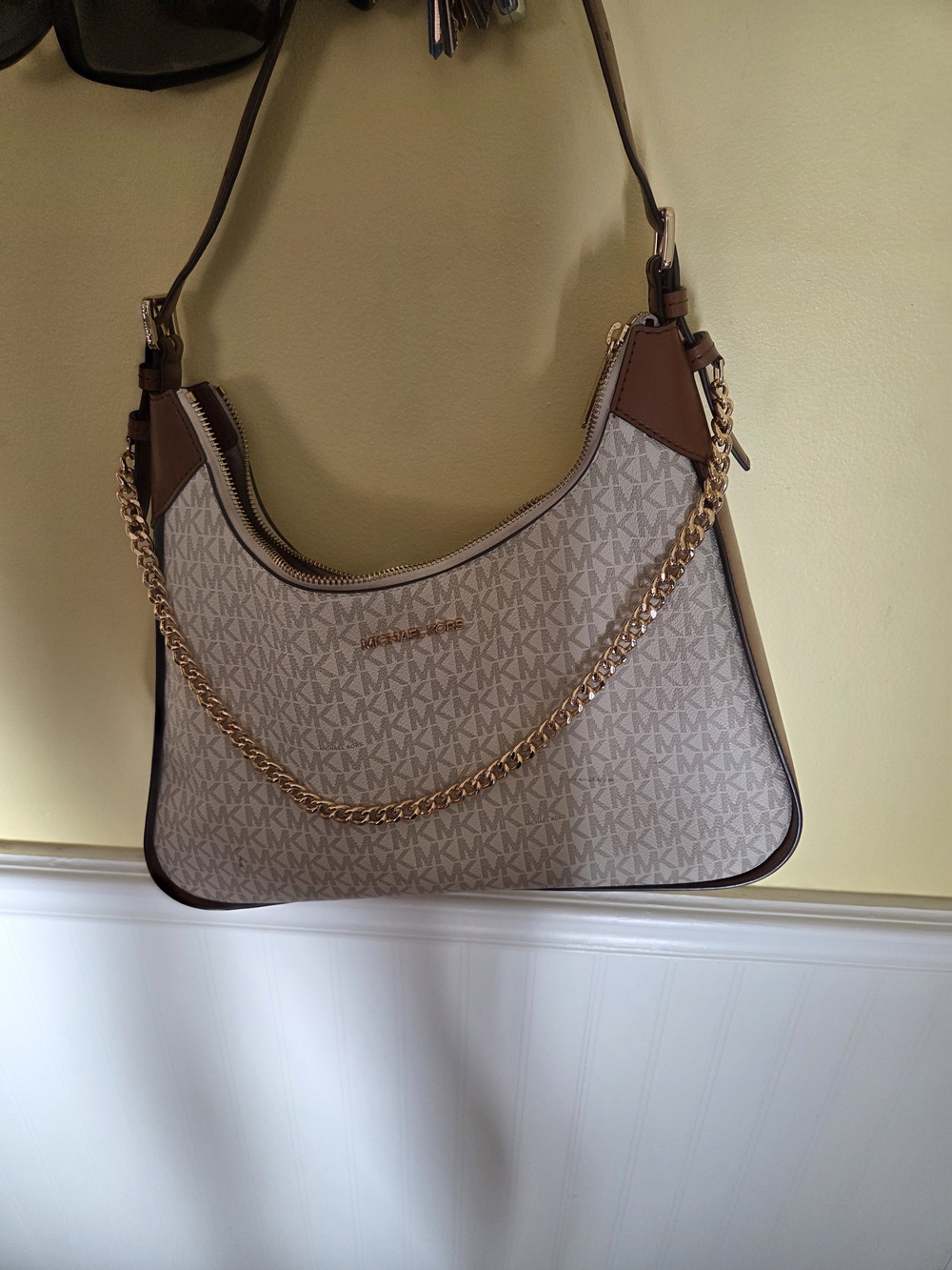 Michael Kors Beige Logo-Print Shoulder Bag with Gold Chain